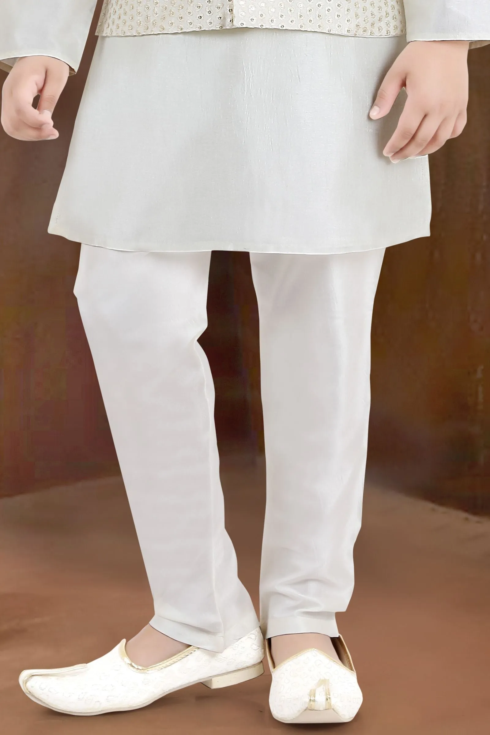 Cream Sequins and Thread work Waist Coat Kurta Set for Boys