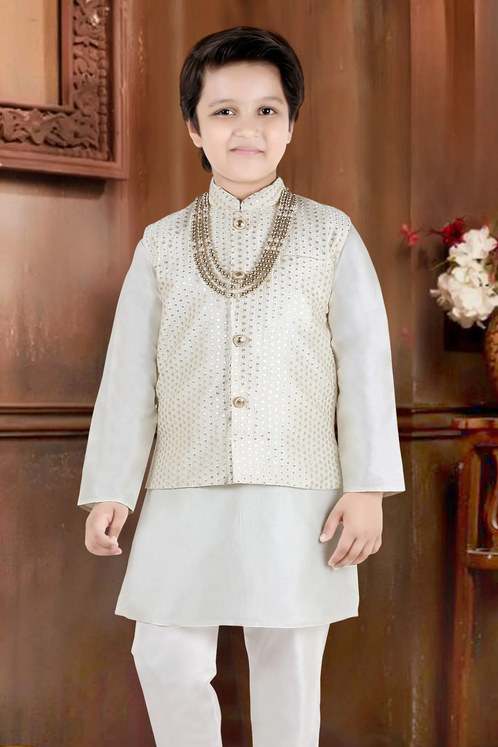 Cream Sequins and Thread work Waist Coat Kurta Set for Boys