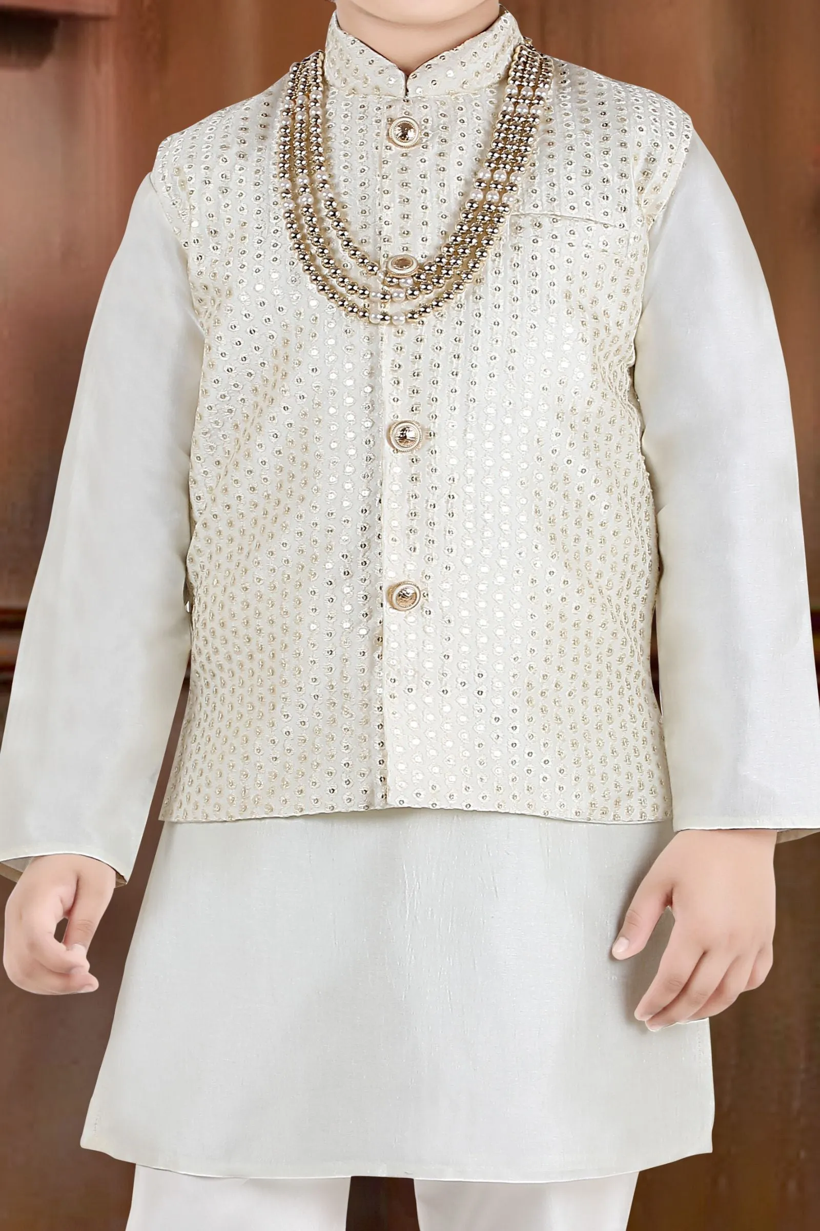 Cream Sequins and Thread work Waist Coat Kurta Set for Boys