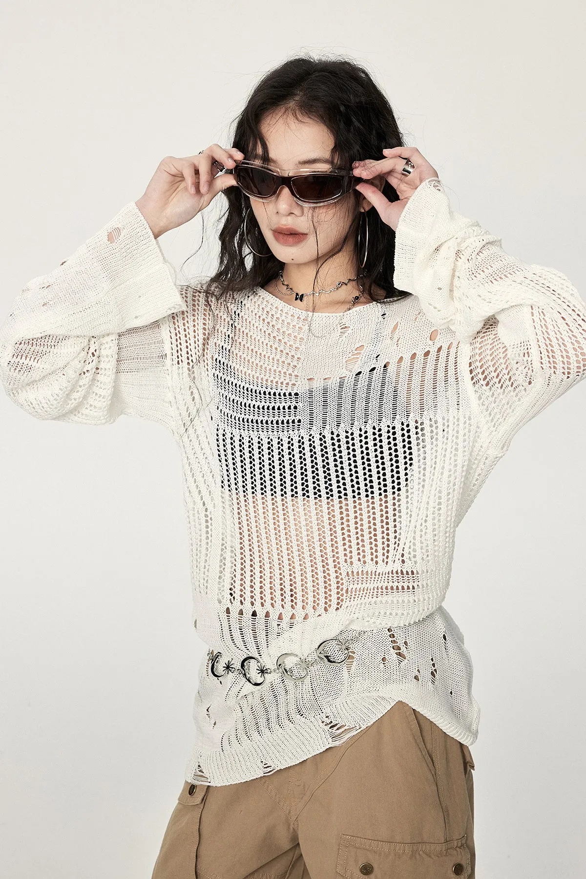 Distressed Knit Long Sleeve Sweater with Sheer Panels
