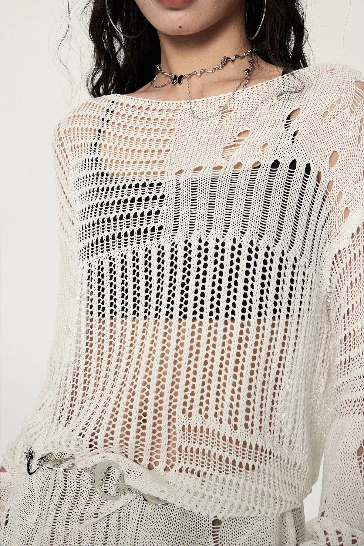 Distressed Knit Long Sleeve Sweater with Sheer Panels