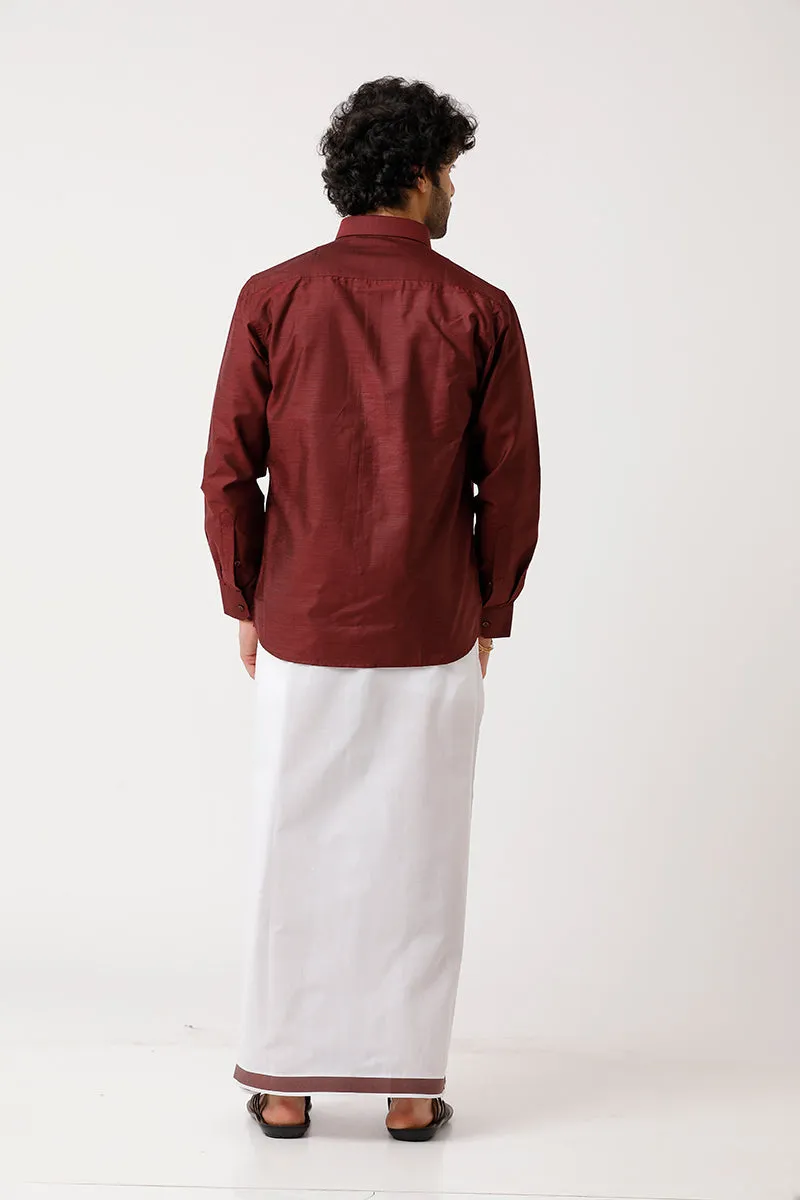 Divine - Blood Red Matching Shirt and Dhoti Set For Men | Uathayam