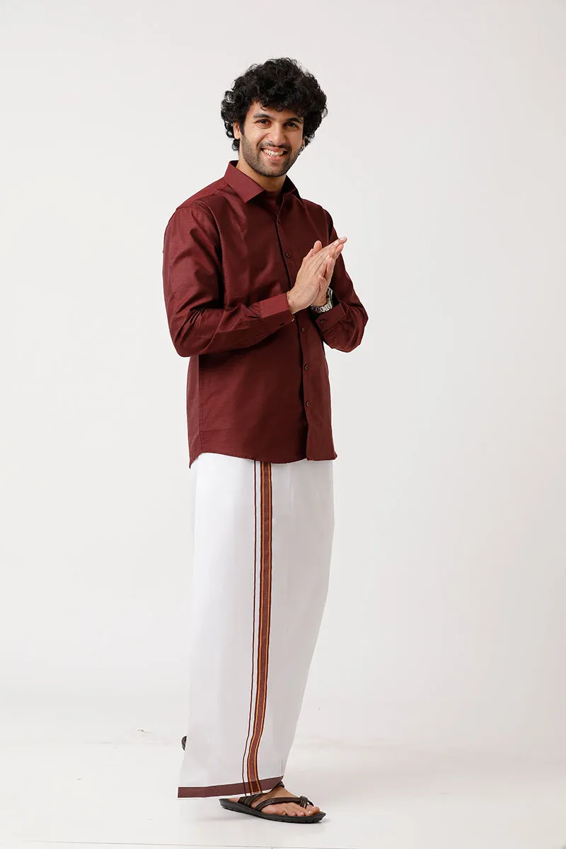 Divine - Blood Red Matching Shirt and Dhoti Set For Men | Uathayam