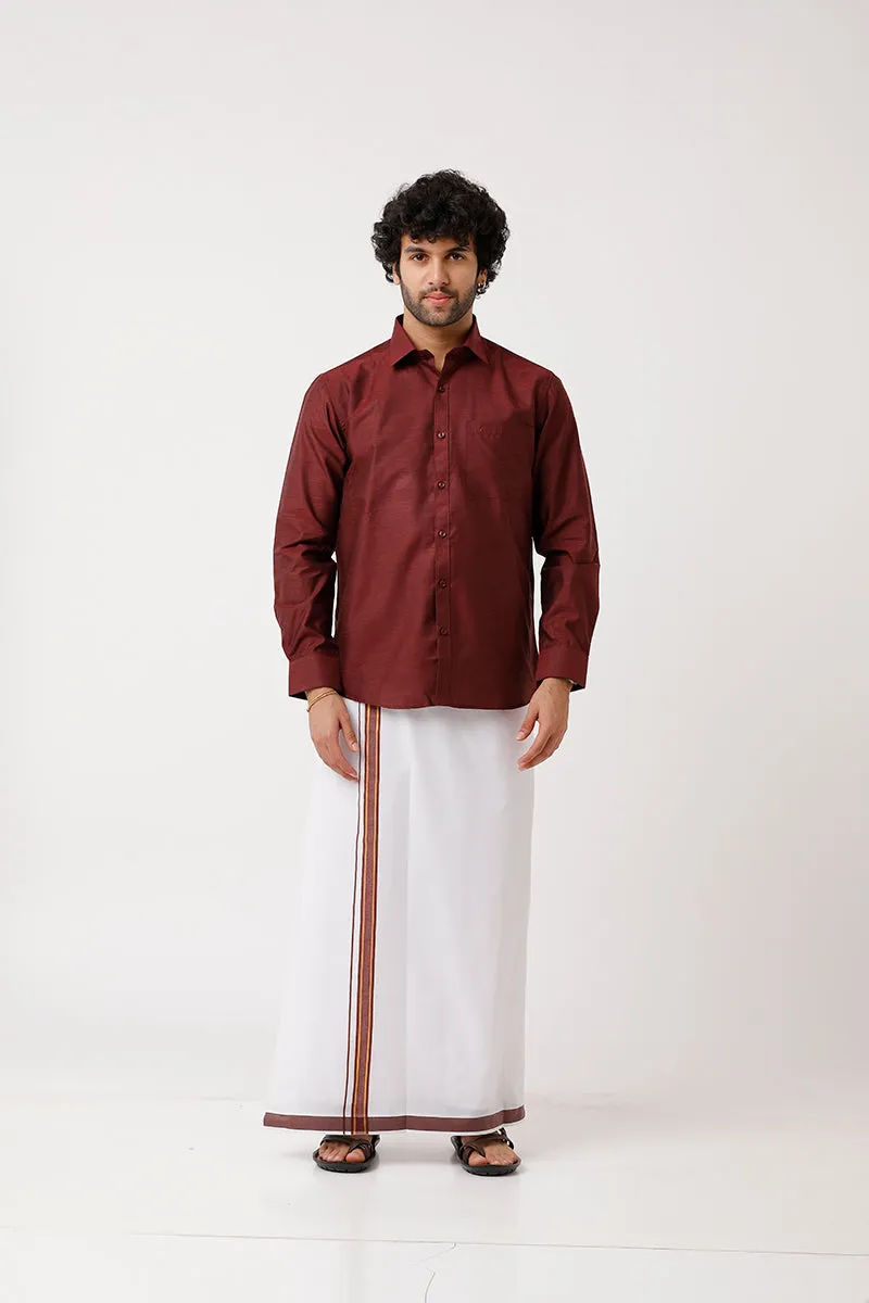 Divine - Blood Red Matching Shirt and Dhoti Set For Men | Uathayam