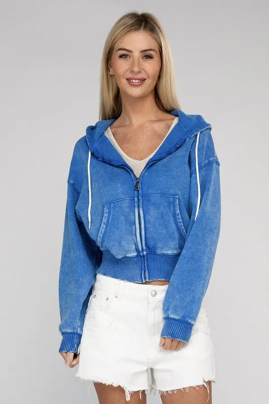 Explore More Collection - Acid Wash Fleece Cropped Zip-Up Hoodie