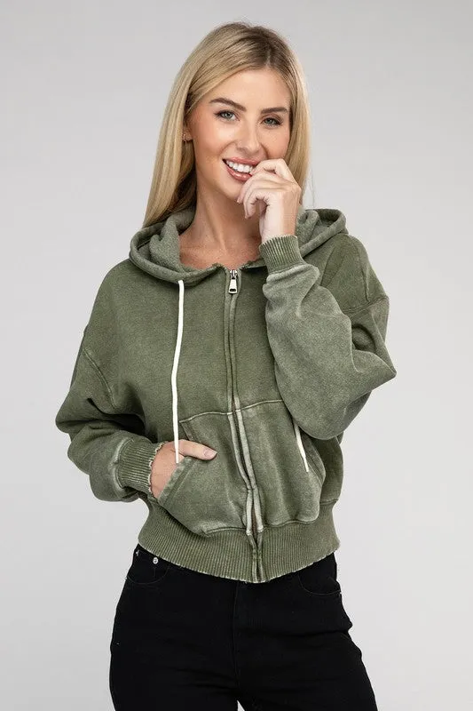 Explore More Collection - Acid Wash Fleece Cropped Zip-Up Hoodie