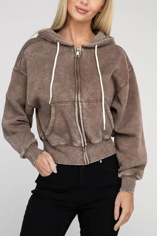 Explore More Collection - Acid Wash Fleece Cropped Zip-Up Hoodie