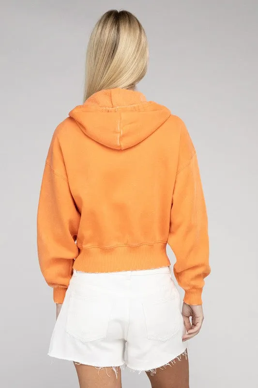 Explore More Collection - Acid Wash Fleece Cropped Zip-Up Hoodie