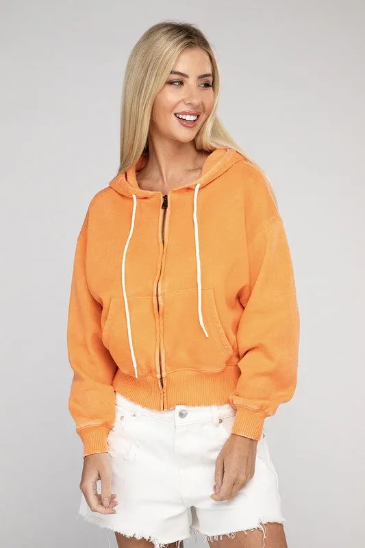 Explore More Collection - Acid Wash Fleece Cropped Zip-Up Hoodie