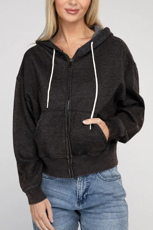 Explore More Collection - Acid Wash Fleece Cropped Zip-Up Hoodie