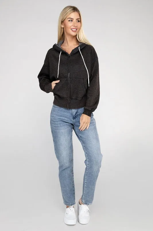 Explore More Collection - Acid Wash Fleece Cropped Zip-Up Hoodie