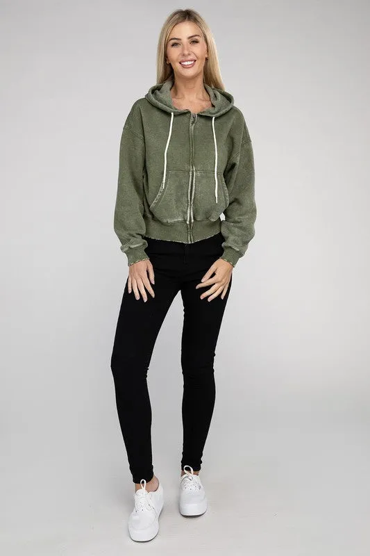 Explore More Collection - Acid Wash Fleece Cropped Zip-Up Hoodie