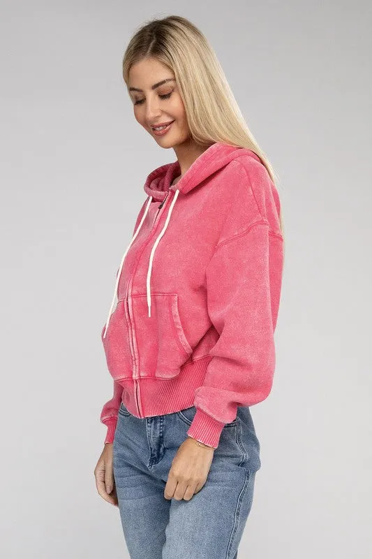 Explore More Collection - Acid Wash Fleece Cropped Zip-Up Hoodie