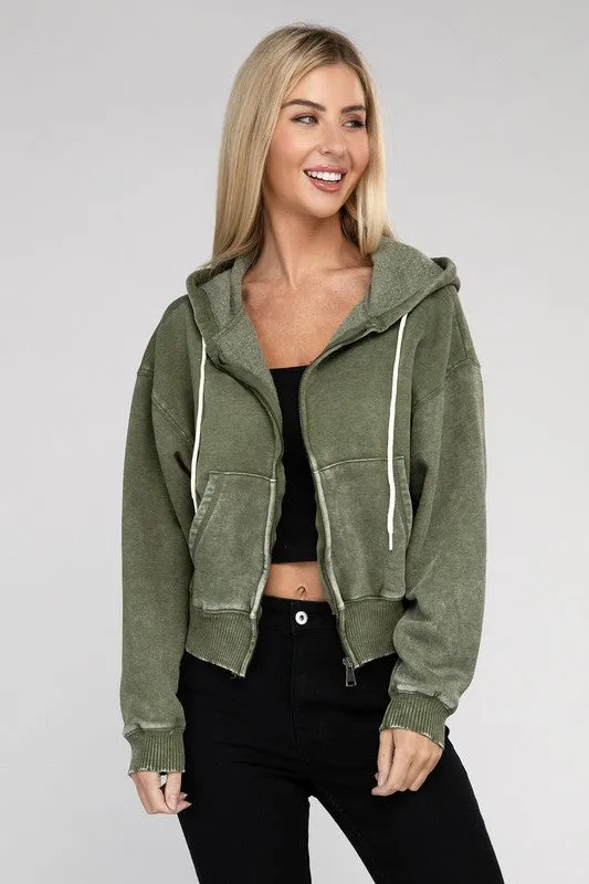 Explore More Collection - Acid Wash Fleece Cropped Zip-Up Hoodie