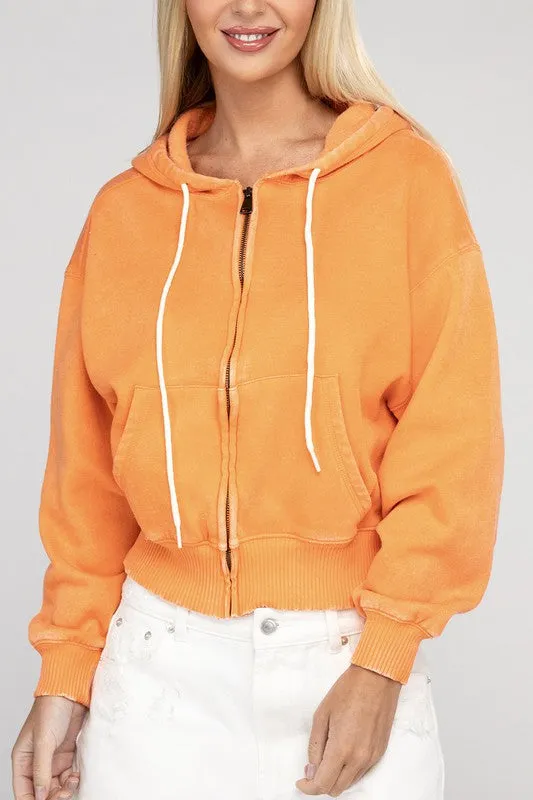 Explore More Collection - Acid Wash Fleece Cropped Zip-Up Hoodie