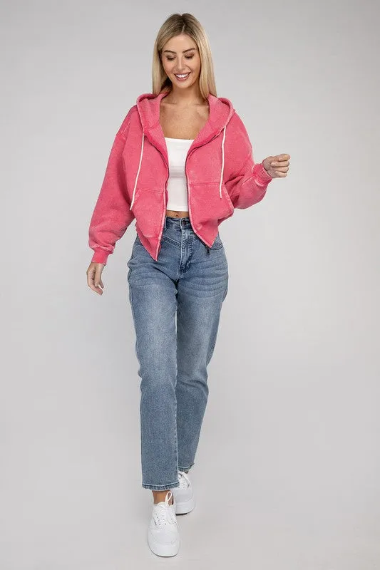 Explore More Collection - Acid Wash Fleece Cropped Zip-Up Hoodie