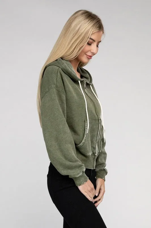 Explore More Collection - Acid Wash Fleece Cropped Zip-Up Hoodie