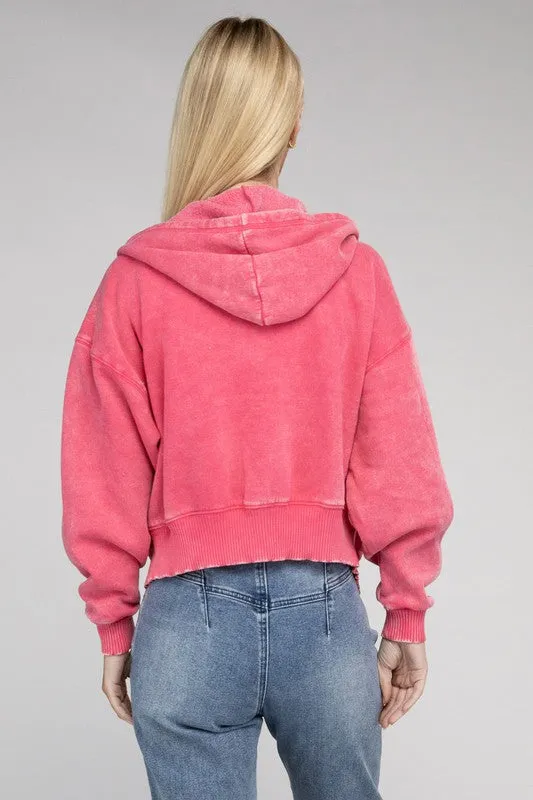 Explore More Collection - Acid Wash Fleece Cropped Zip-Up Hoodie