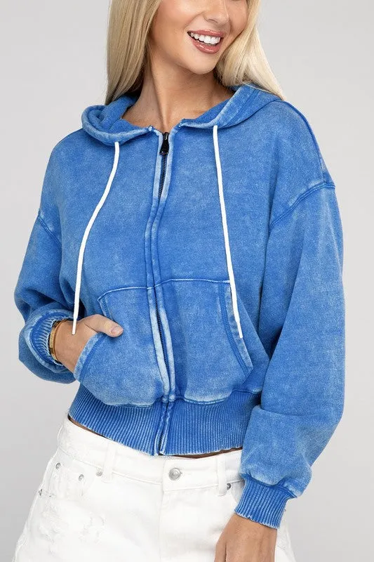 Explore More Collection - Acid Wash Fleece Cropped Zip-Up Hoodie