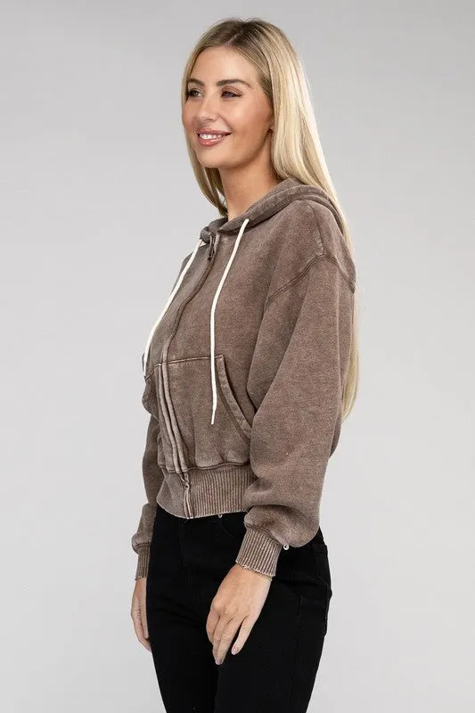 Explore More Collection - Acid Wash Fleece Cropped Zip-Up Hoodie