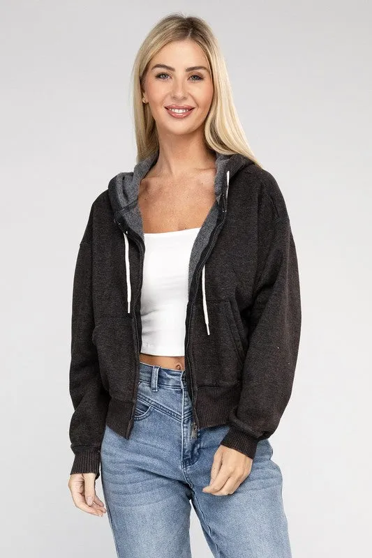 Explore More Collection - Acid Wash Fleece Cropped Zip-Up Hoodie