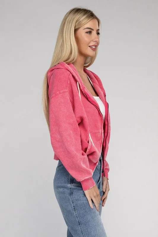 Explore More Collection - Acid Wash Fleece Cropped Zip-Up Hoodie