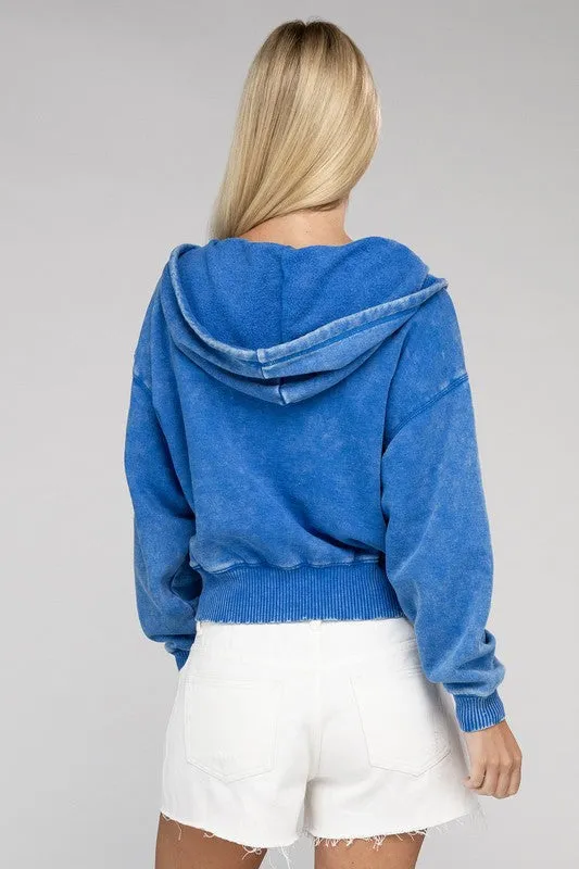 Explore More Collection - Acid Wash Fleece Cropped Zip-Up Hoodie