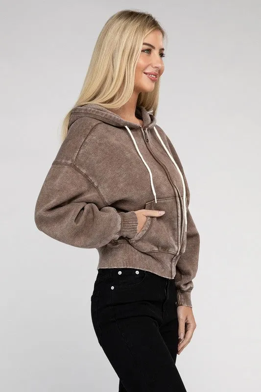 Explore More Collection - Acid Wash Fleece Cropped Zip-Up Hoodie