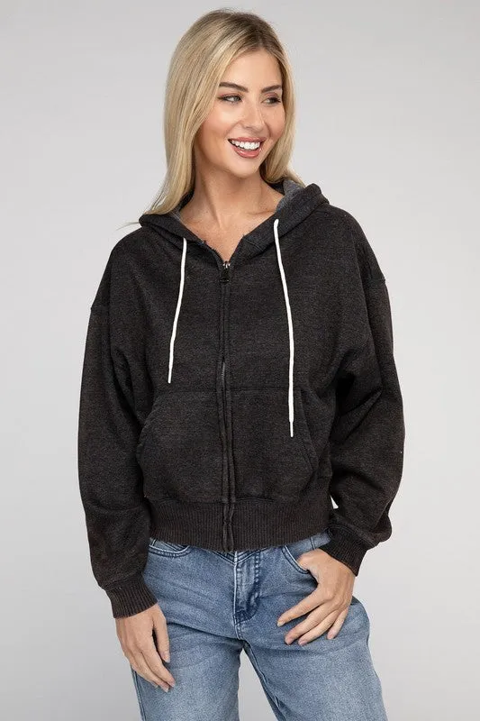 Explore More Collection - Acid Wash Fleece Cropped Zip-Up Hoodie