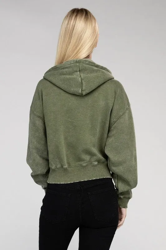 Explore More Collection - Acid Wash Fleece Cropped Zip-Up Hoodie