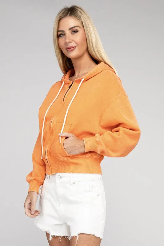Explore More Collection - Acid Wash Fleece Cropped Zip-Up Hoodie