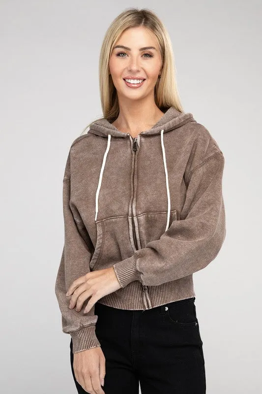 Explore More Collection - Acid Wash Fleece Cropped Zip-Up Hoodie