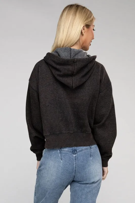 Explore More Collection - Acid Wash Fleece Cropped Zip-Up Hoodie