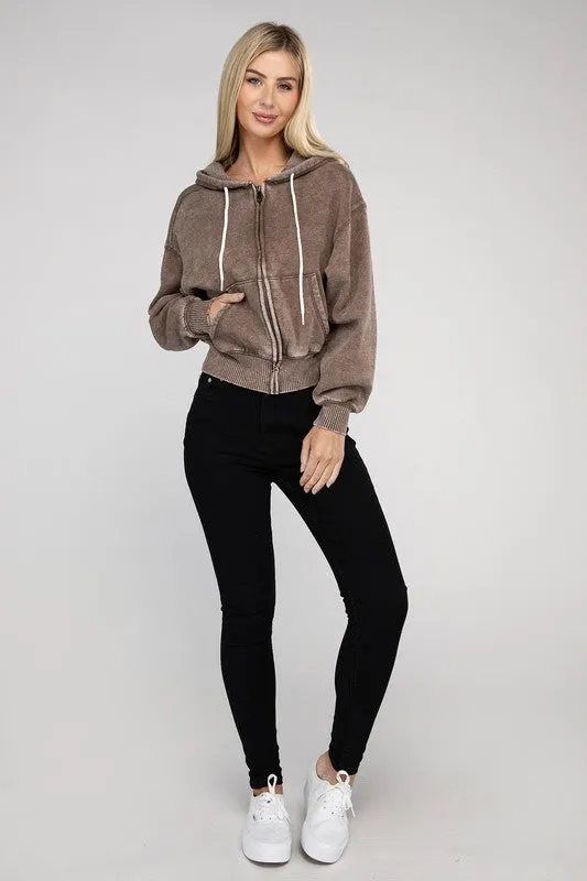 Explore More Collection - Acid Wash Fleece Cropped Zip-Up Hoodie