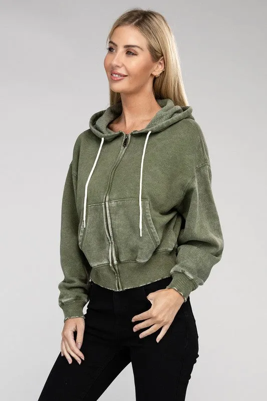 Explore More Collection - Acid Wash Fleece Cropped Zip-Up Hoodie