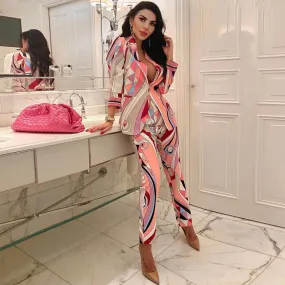 Geometric Print Collared Long Sleeve Blazer Matching Set - Pink