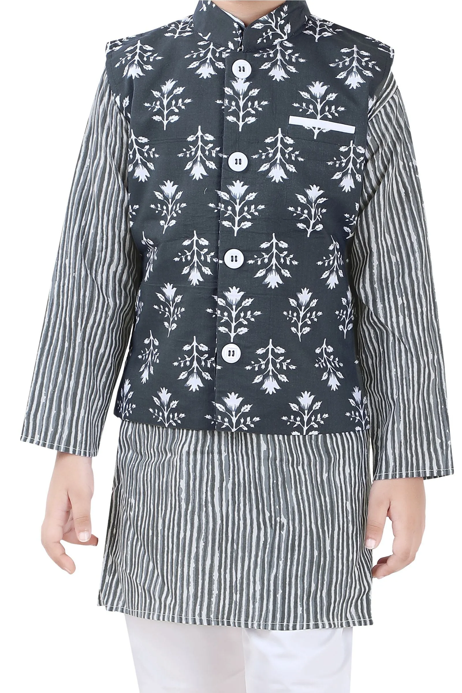 Grey with White Printed Waist Coat Kurta Set for Boys