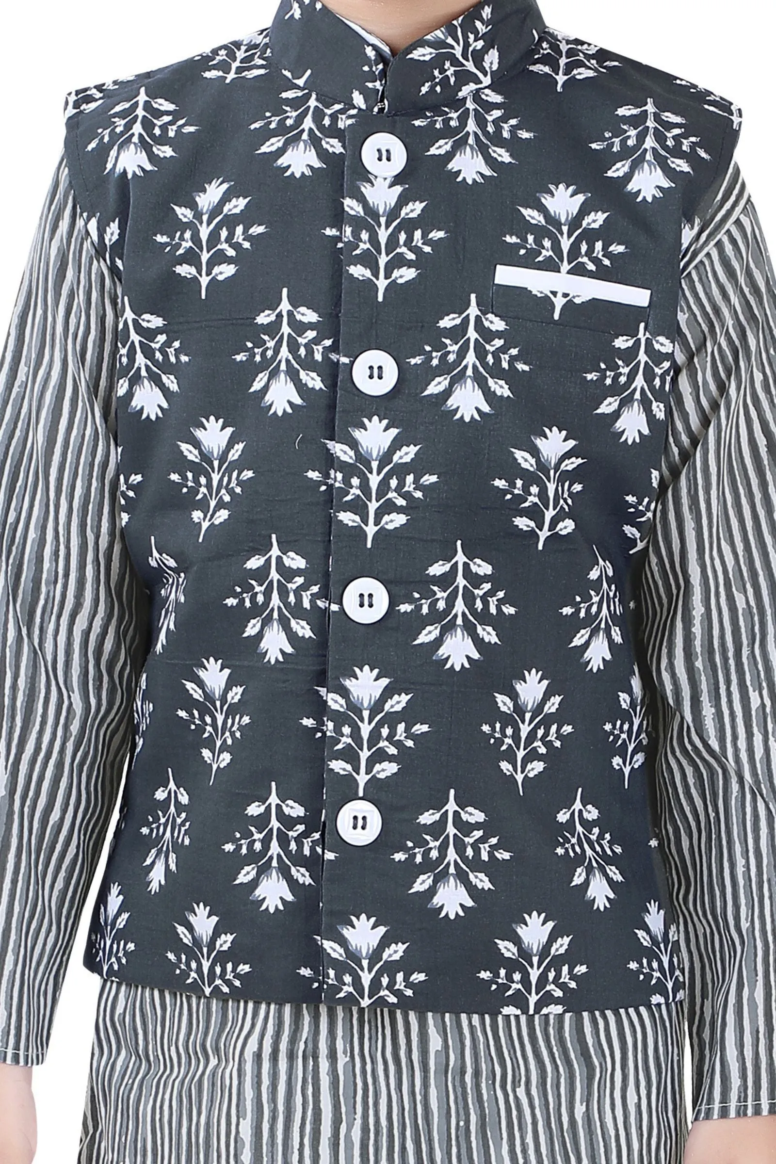 Grey with White Printed Waist Coat Kurta Set for Boys