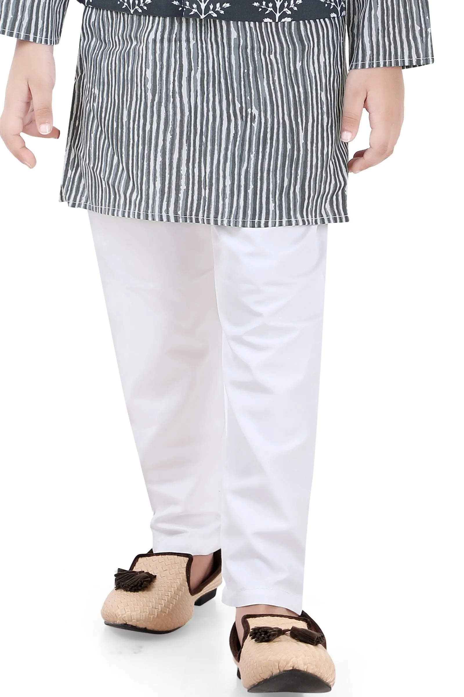Grey with White Printed Waist Coat Kurta Set for Boys