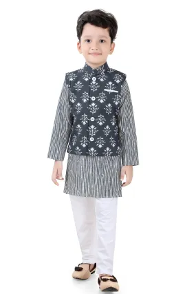 Grey with White Printed Waist Coat Kurta Set for Boys