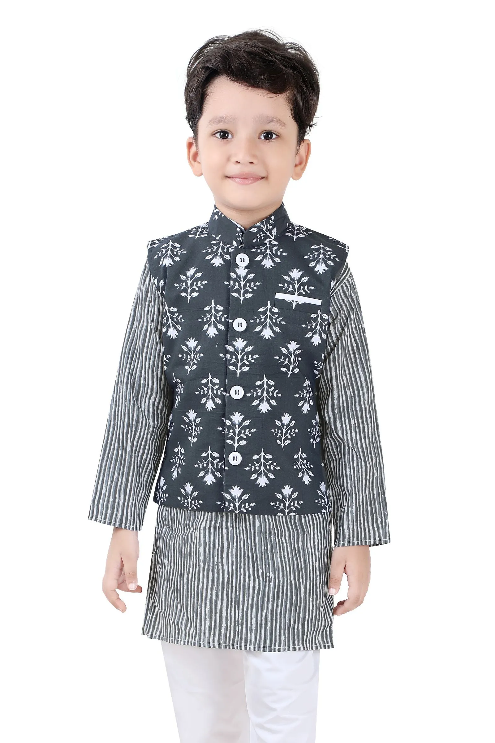 Grey with White Printed Waist Coat Kurta Set for Boys