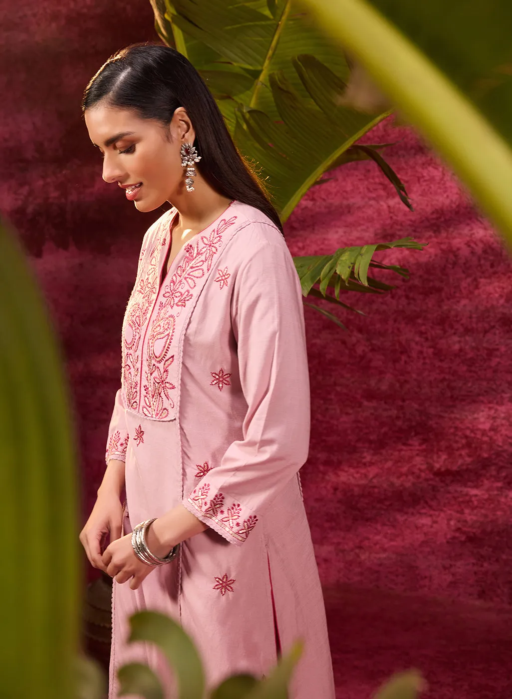 Gulaab Rose Pink Embroidered Cotton Linen Kurta Set for Women