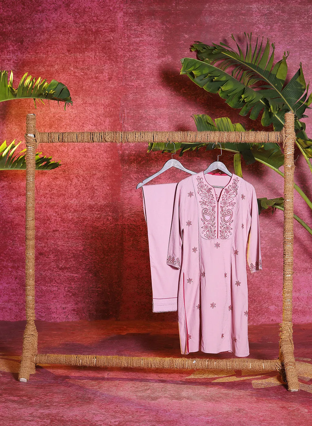 Gulaab Rose Pink Embroidered Cotton Linen Kurta Set for Women