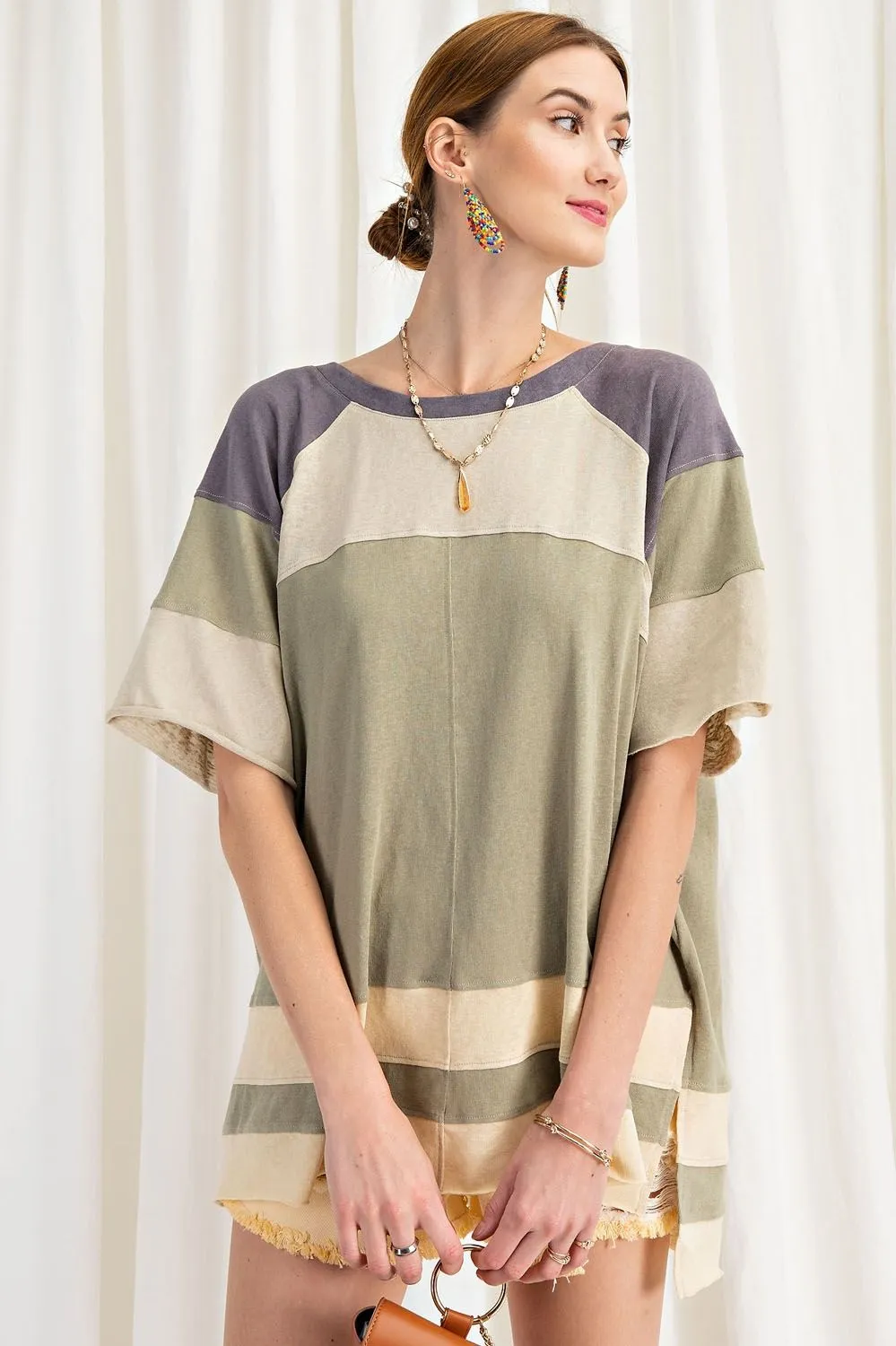 Keep it Real Color Blocked Top - Short Sleeve Cotton Jersey Loose Fit Top - available in 3 colors