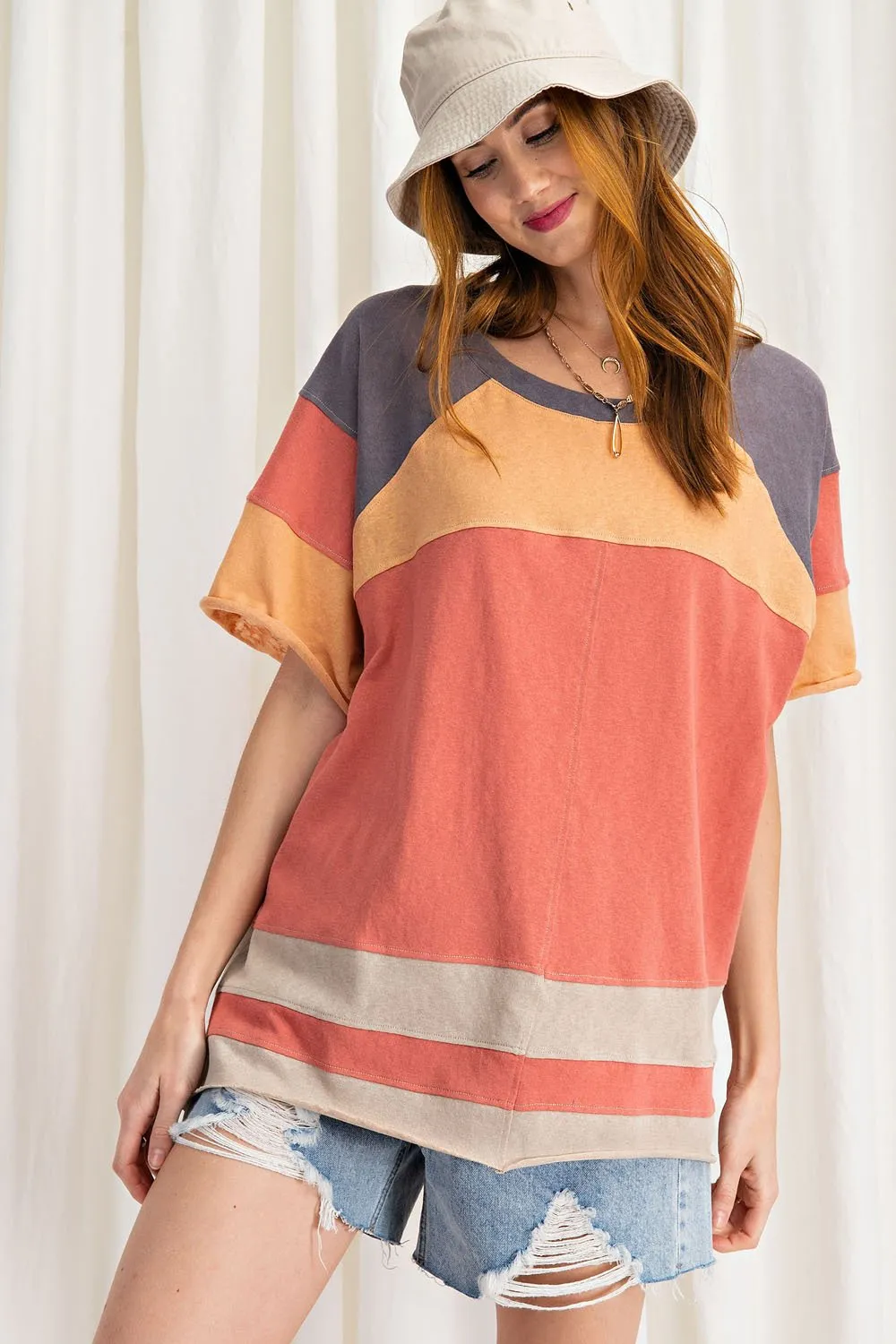 Keep it Real Color Blocked Top - Short Sleeve Cotton Jersey Loose Fit Top - available in 3 colors