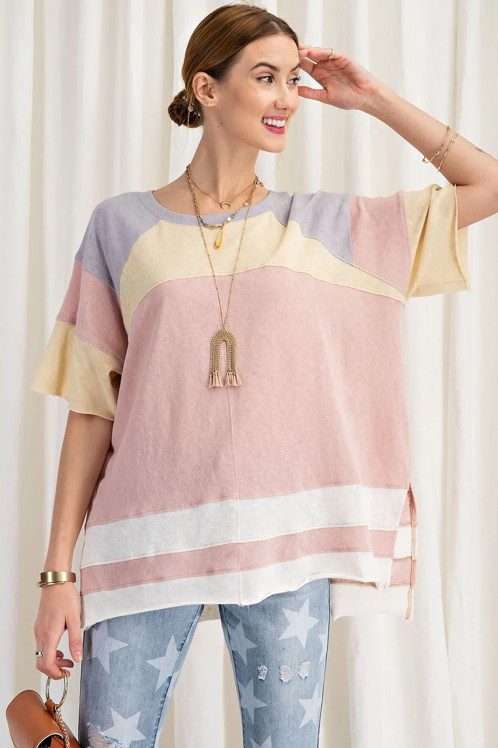 Keep it Real Color Blocked Top - Short Sleeve Cotton Jersey Loose Fit Top - available in 3 colors