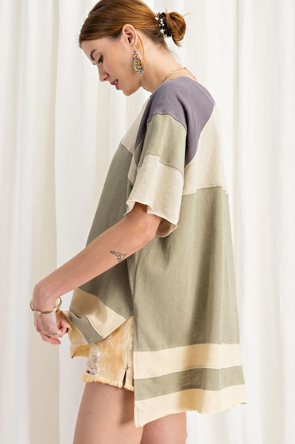 Keep it Real Color Blocked Top - Short Sleeve Cotton Jersey Loose Fit Top - available in 3 colors