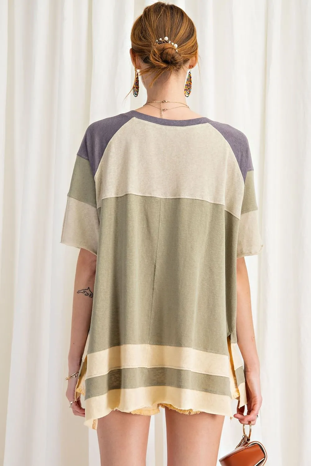 Keep it Real Color Blocked Top - Short Sleeve Cotton Jersey Loose Fit Top - available in 3 colors