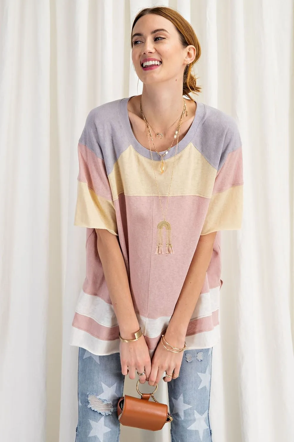 Keep it Real Color Blocked Top - Short Sleeve Cotton Jersey Loose Fit Top - available in 3 colors