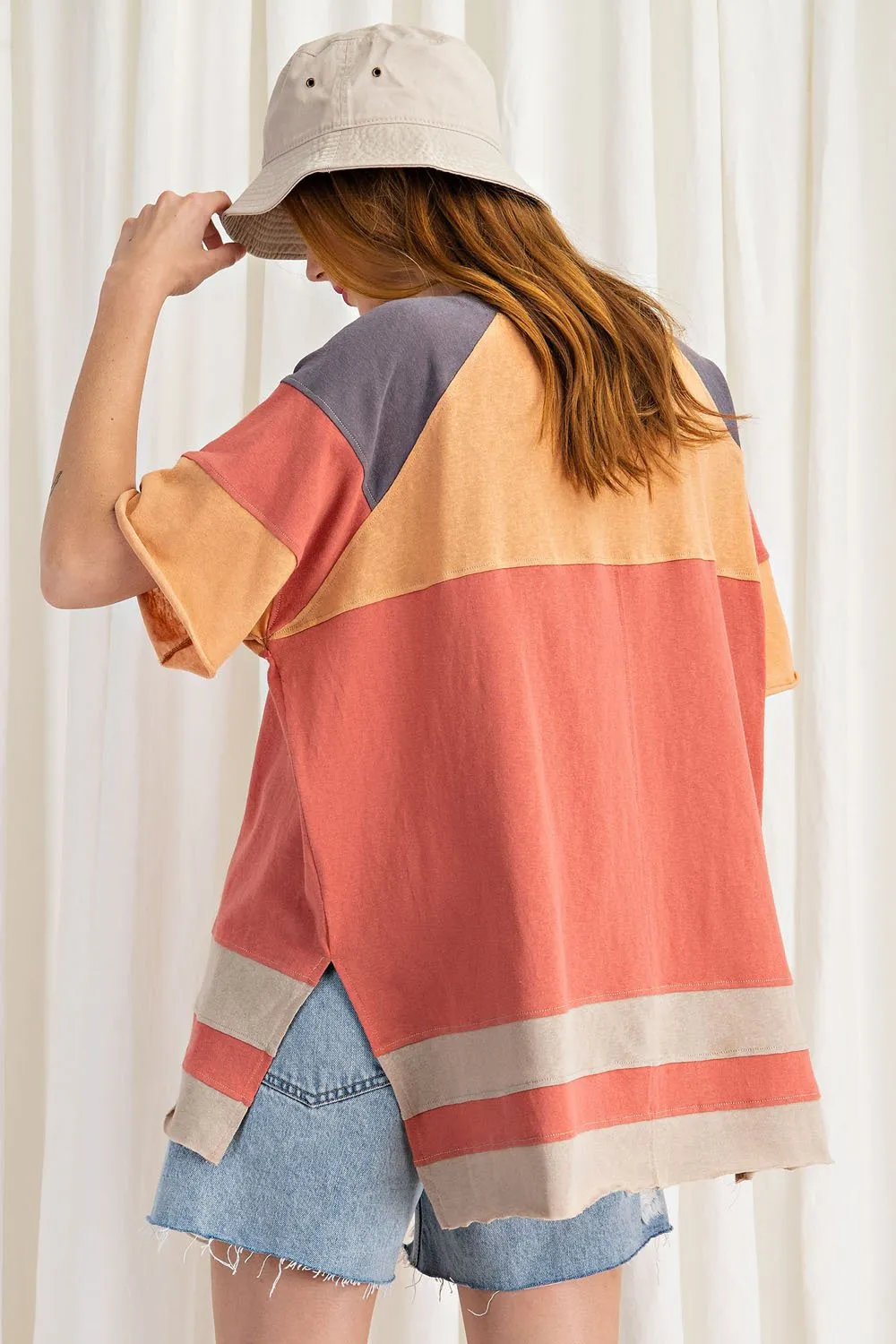 Keep it Real Color Blocked Top - Short Sleeve Cotton Jersey Loose Fit Top - available in 3 colors